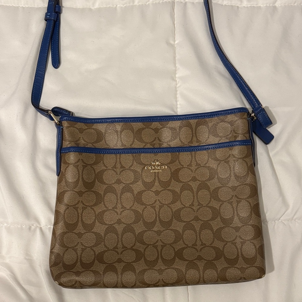 Coach Tan and Blue Signature Crossbody Bag